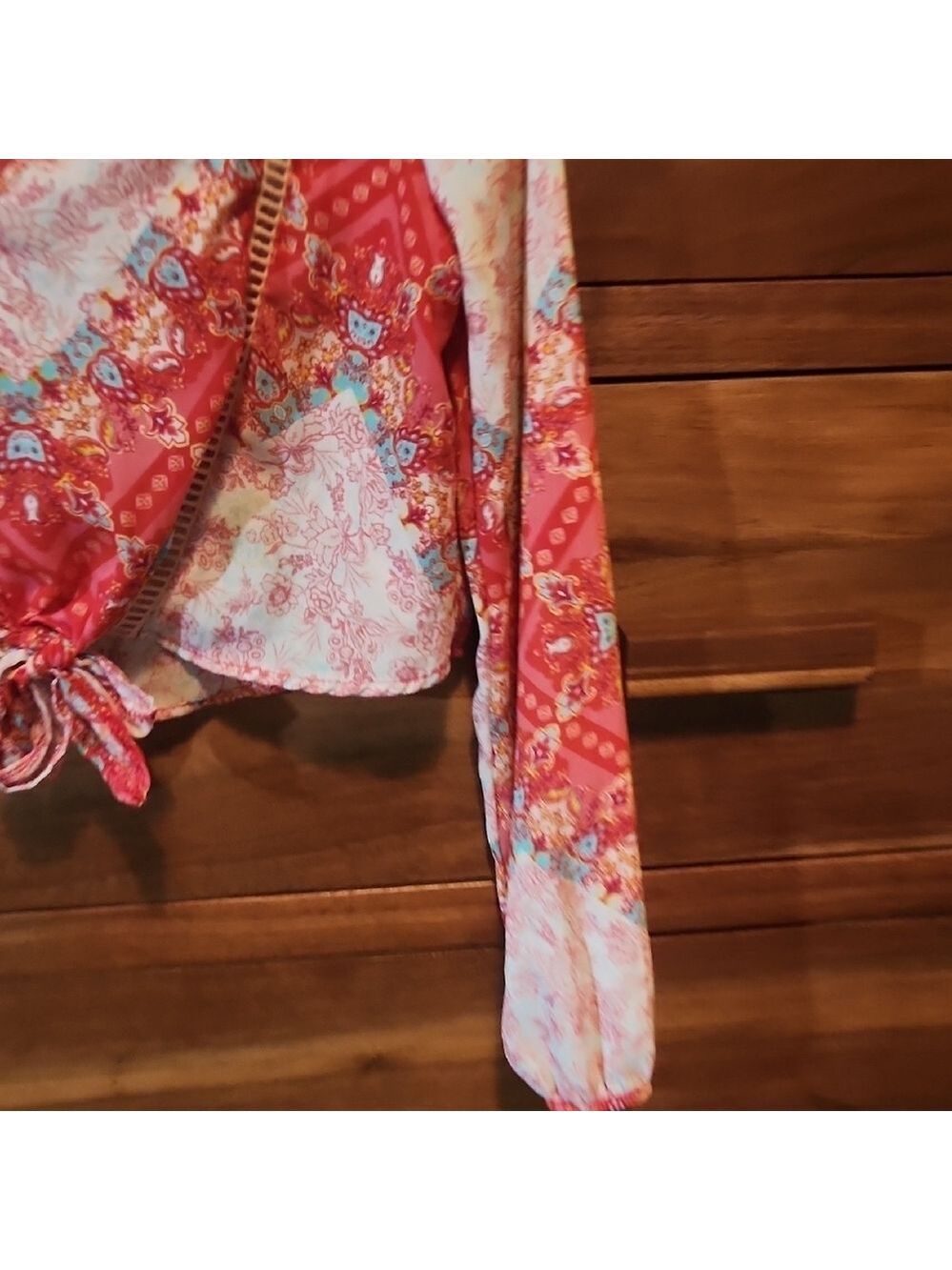 Altar'd State Pink and Orange Tie Front Crop Boho Flowy Spring Xs Blouse - Picture 5 of 6